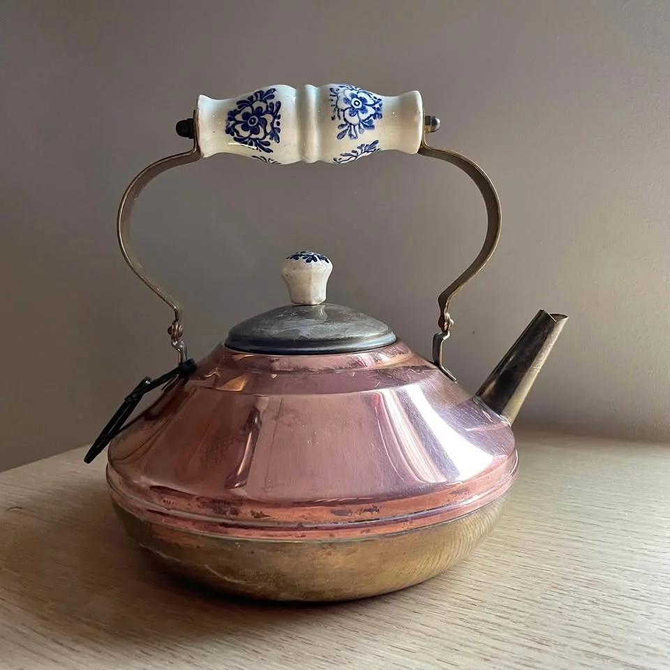 Vintage Brass & Copper TeaPot Kettle - ceramic handle