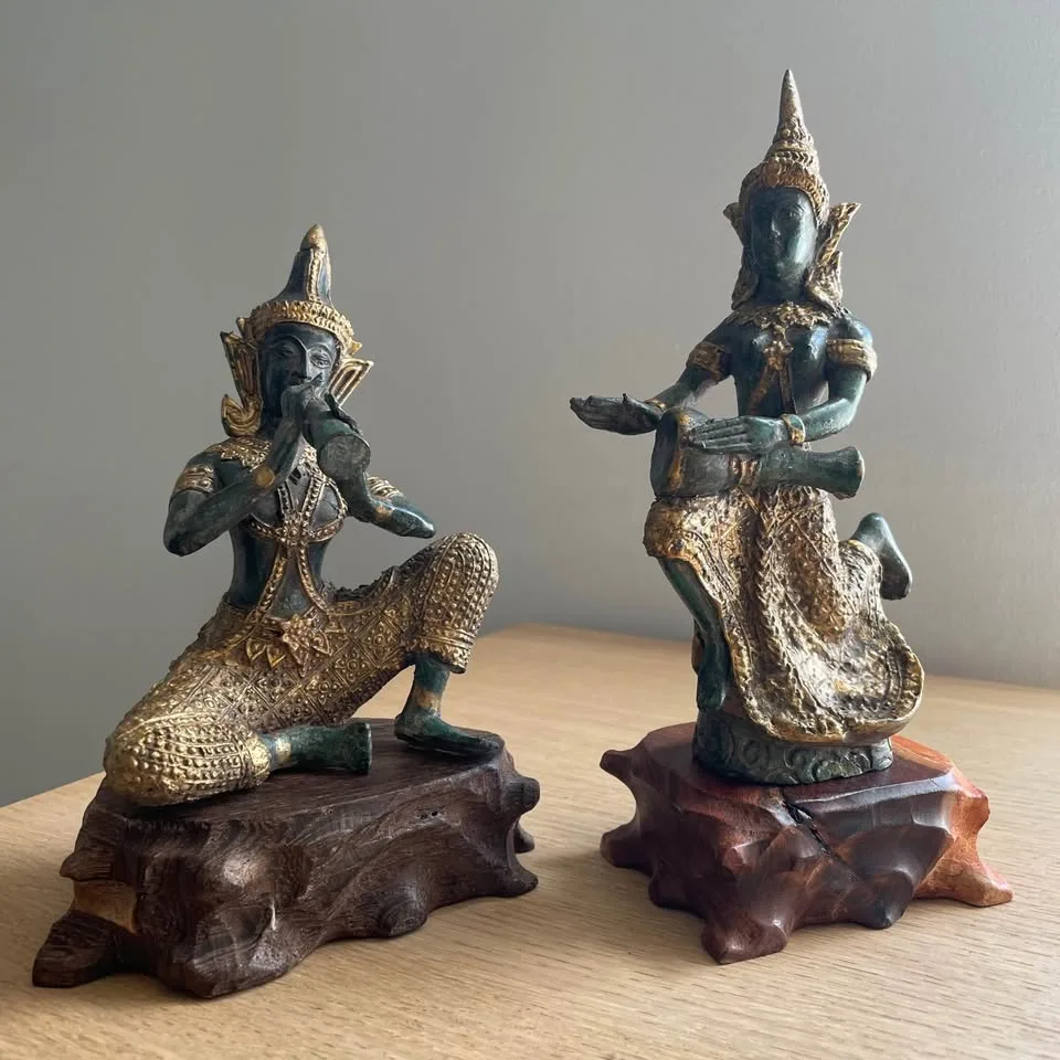 Vintage Thai Temple Musicians on wooden stands (Pair)