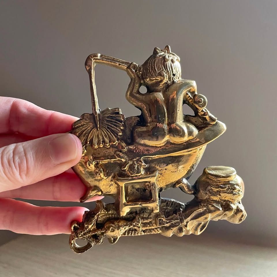 Vintage brass bathroom sign - boy fishing in tub
