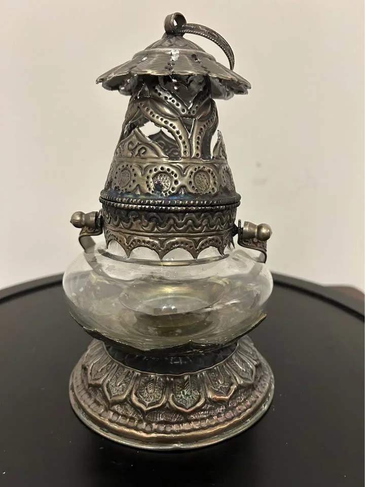 Vintage Indian/Nepalese Ornate Metal & Glass T-Light Lantern – H image indicator(4)