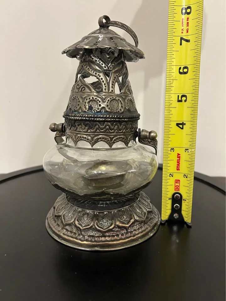 Vintage Indian/Nepalese Ornate Metal & Glass T-Light Lantern – H image indicator(5)