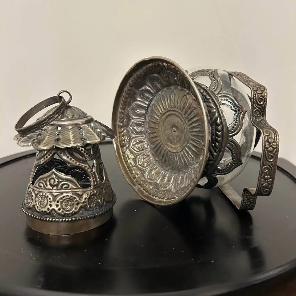 Vintage Indian/Nepalese Ornate Metal & Glass T-Light Lantern – H image indicator(7)