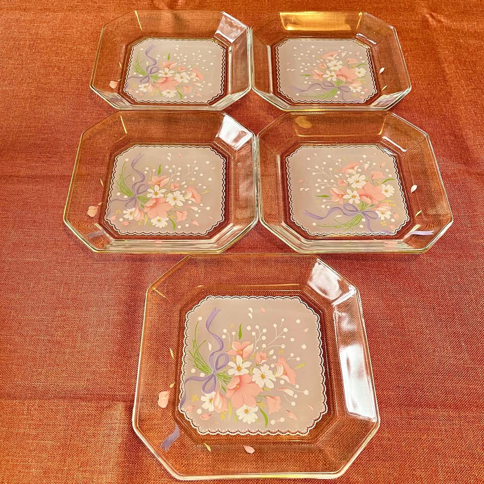 Retro Floral Glass Plates Set of 5