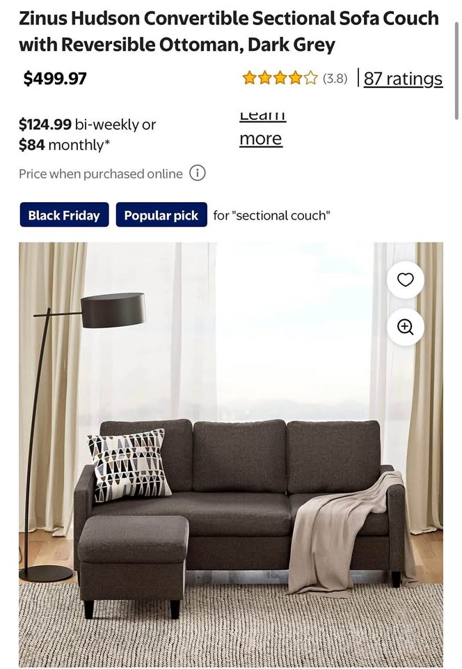 Zinus Hudson Convertible Sofa - Dark Grey - Like New