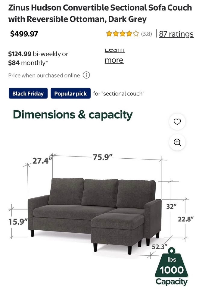 Zinus Hudson Convertible Sofa - Dark Grey - Like New - photo 2