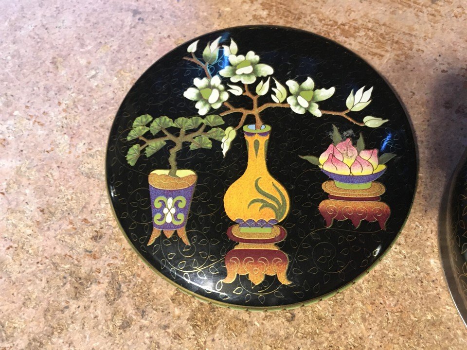 DAHER TIN WITH ASIAN CLOISONNé STYLE DESIGN FLOWERS PLANTS - photo 5