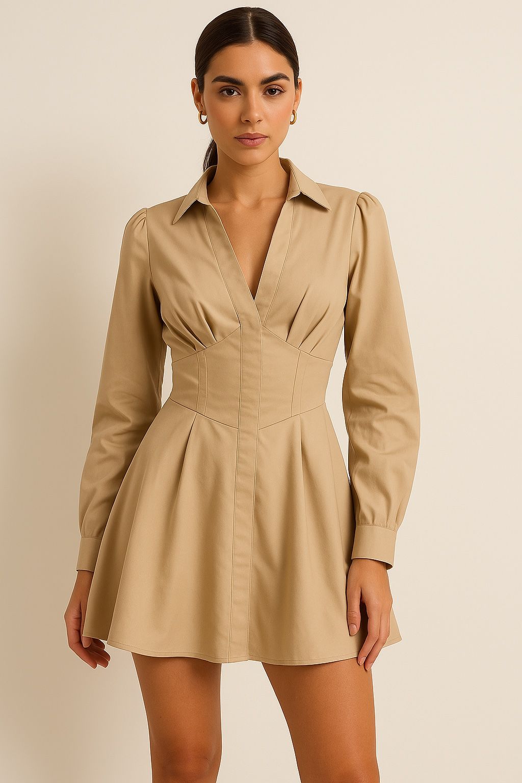 Beige Corset Waist Pleated Mini Dress