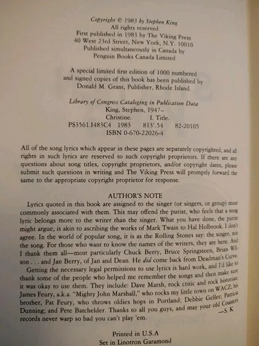 CHRISTINE by Stephen King 1st Edition 1st Printing HCDJ image indicator(5)