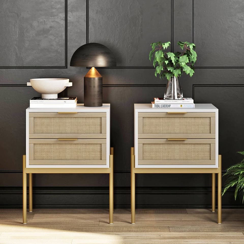 Nathan James Wood & Rattan Nightstands White (Set of 2)
