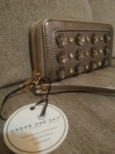 NWT Under One Sky Gold Wallet Dual Zipper Wrist Strap
