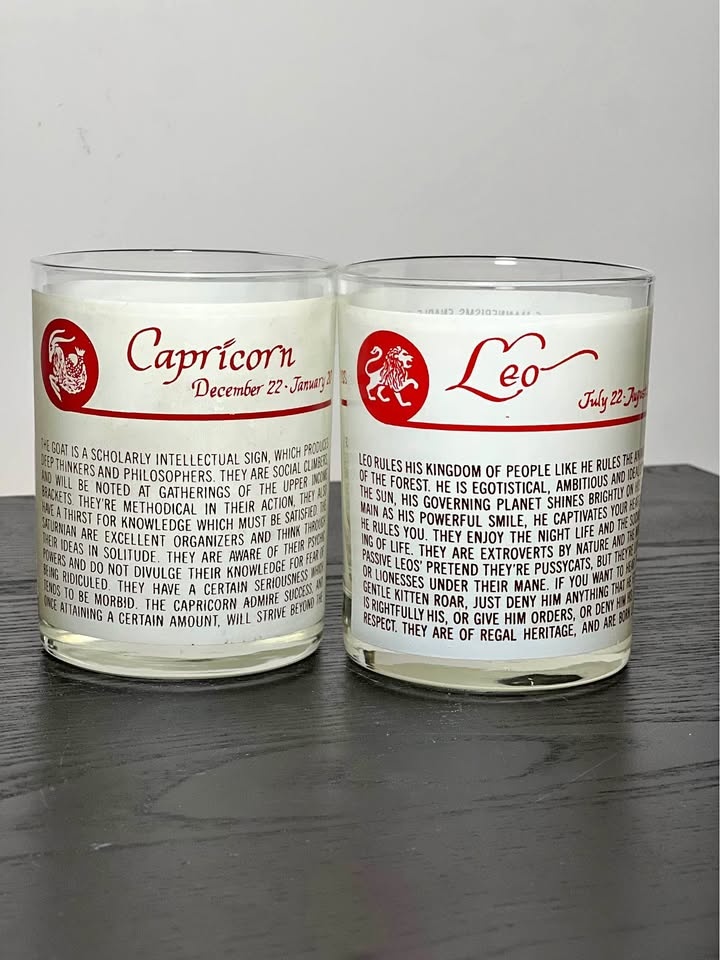 Vintage 1970's Zodiac Sign “Old Fashioned” Glasses Capricorn Leo