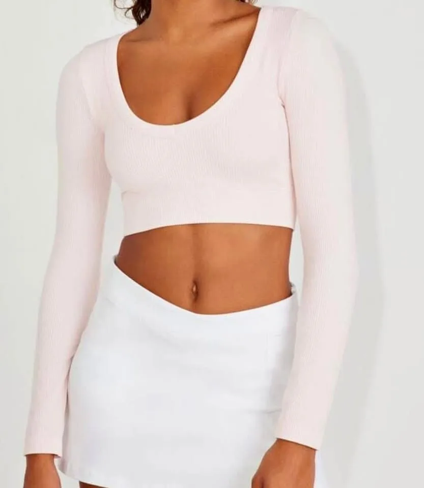 Garage Sonia Long Sleeve Ribbed Crop Top – Light Pink