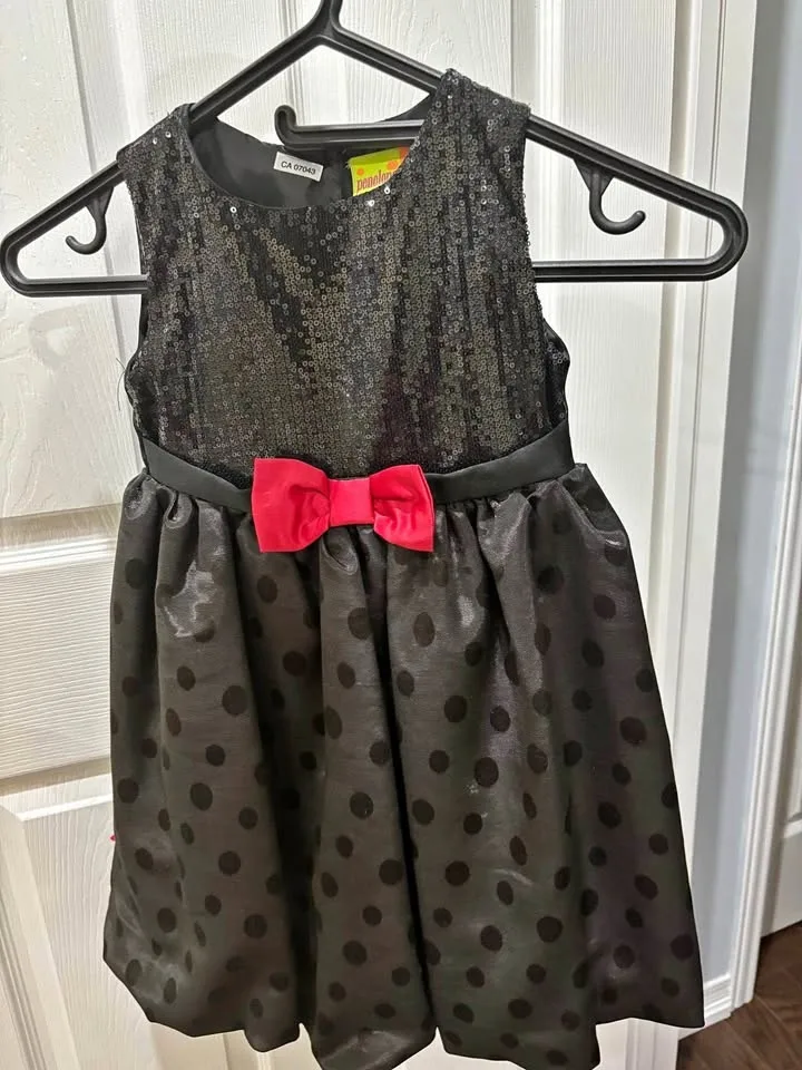 Beautiful Black Sequin & Polka Dot Party Dress with Red Bow
