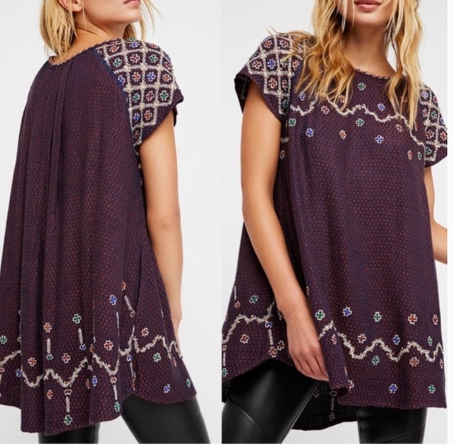 Free People Embroidered Knit Tunic Mini Dress Navy-Med