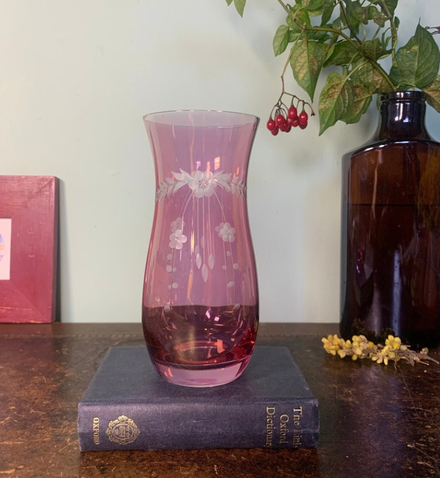 Vintage Czech Bohemia Etched Glass Cranberry Vase
