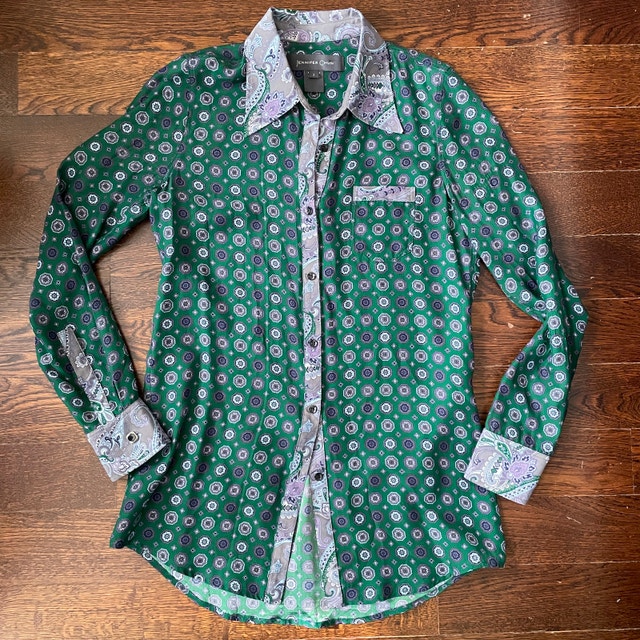 Jennifer Chun Silk Emerald Green Print Shirt - Size 2
