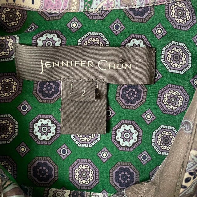 Jennifer Chun Silk Emerald Green Print Shirt - Size 2 - photo 3