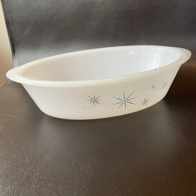 Vintage Glasbake Milkglass Oval Casserole Atomic Starbursts