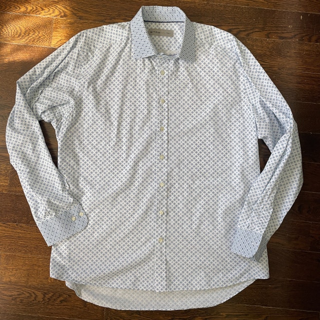 Etro long-sleeve Cotton shirt White with Blue Squares-Sz. 44-XL