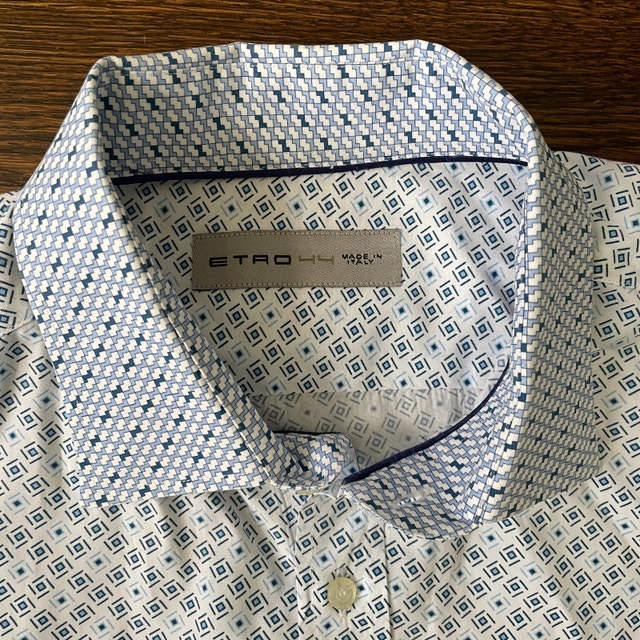 Etro long-sleeve Cotton shirt White with Blue Squares-Sz. 44-XL - photo 3
