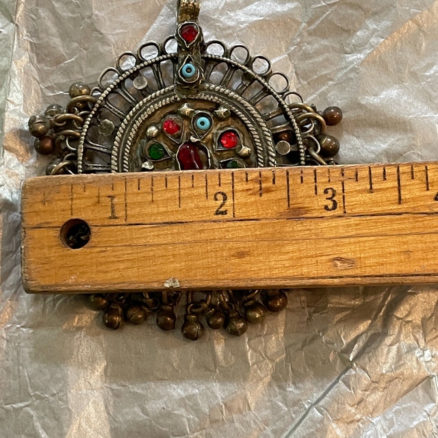 Rare vintage Afghani necklace pendant with beads + glass stone - photo 4