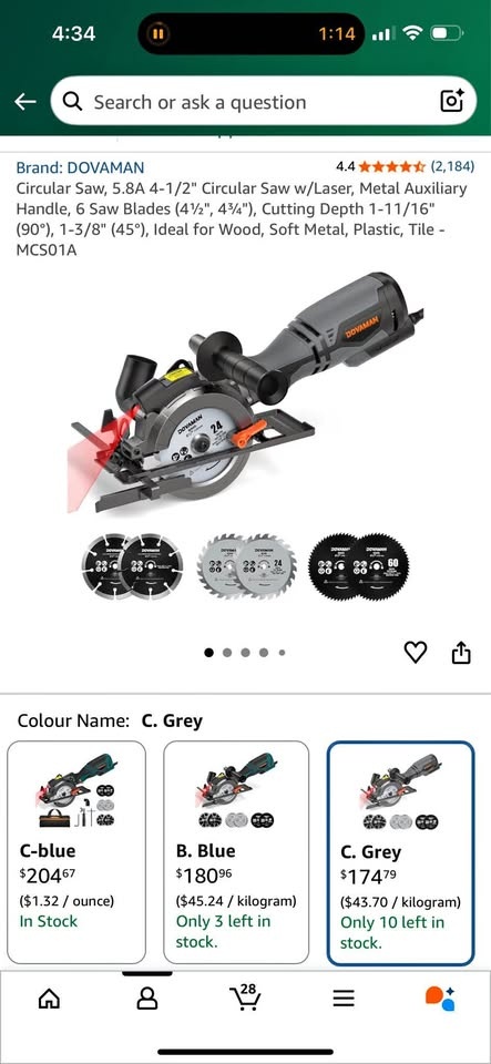 Circular saw with laser, 4.5” blades, works exceptionally well