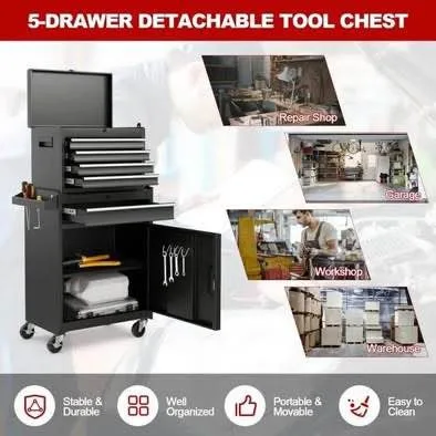 New 2-in-1 Rolling Tool Chest with 5 Sliding Lockable Drawers/24 image indicator(4)