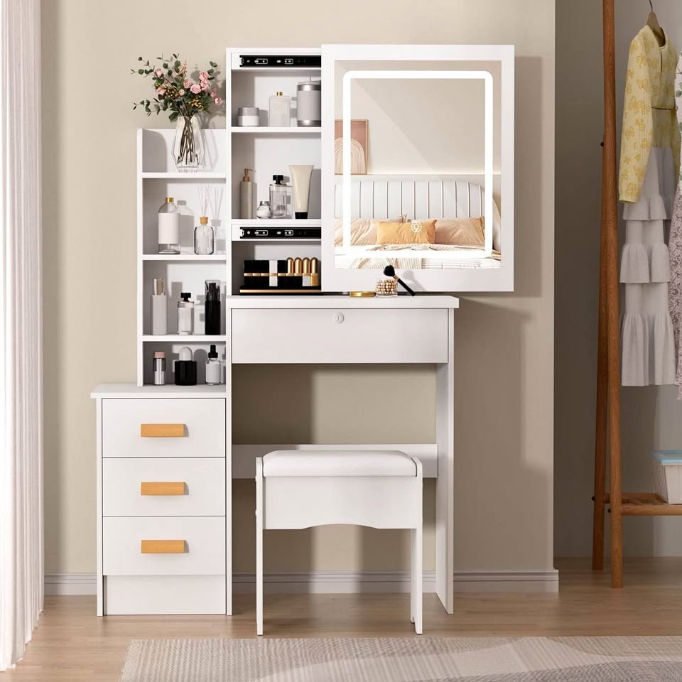 Kids Vanity Desk with Sliding Mirror & LED Lights