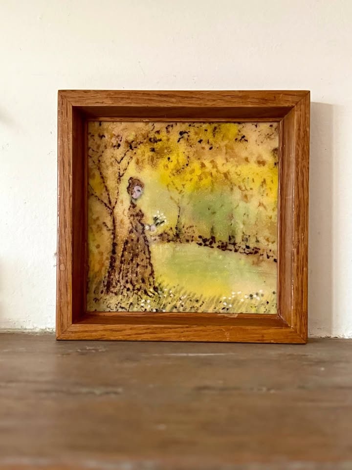 Hand-Painted Enamel Art – Vintage Framed Artwork (7” x 7”)
