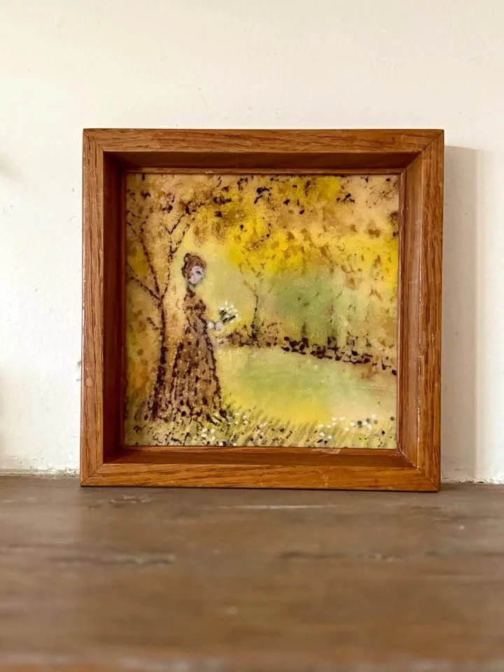 Hand-Painted Enamel Art – Vintage Framed Artwork (7” x 7”)
