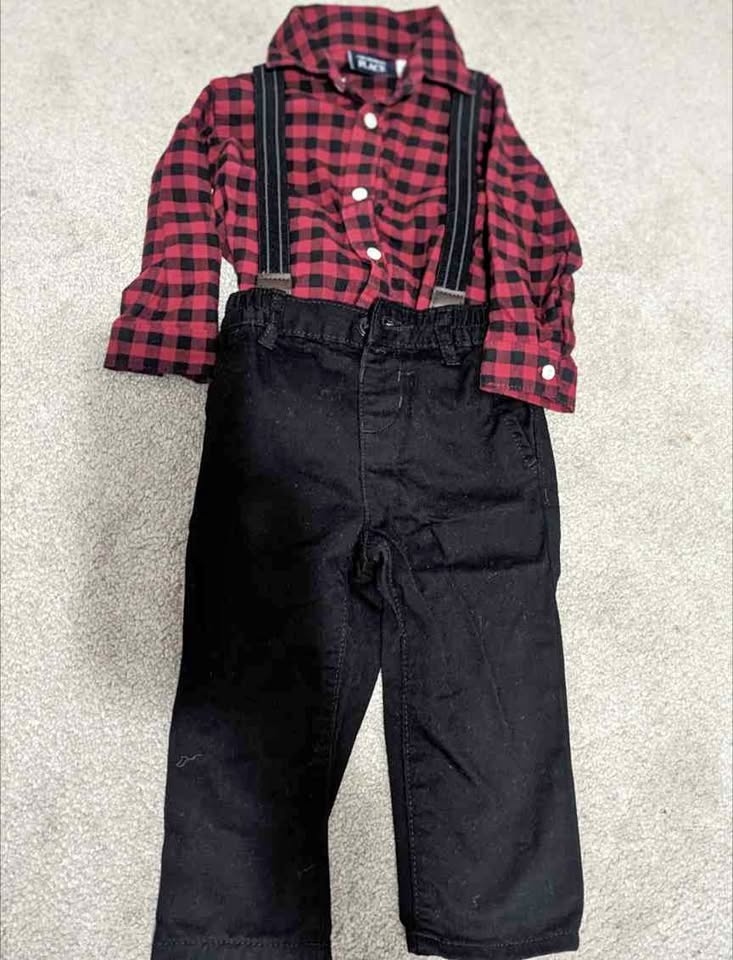 2-piece Toddler Buffalo plaid + suspenders 18 outfit