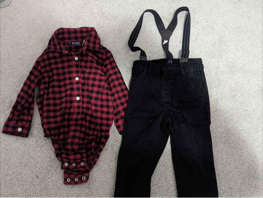 2-piece Toddler Buffalo plaid + suspenders 18 outfit - photo 2