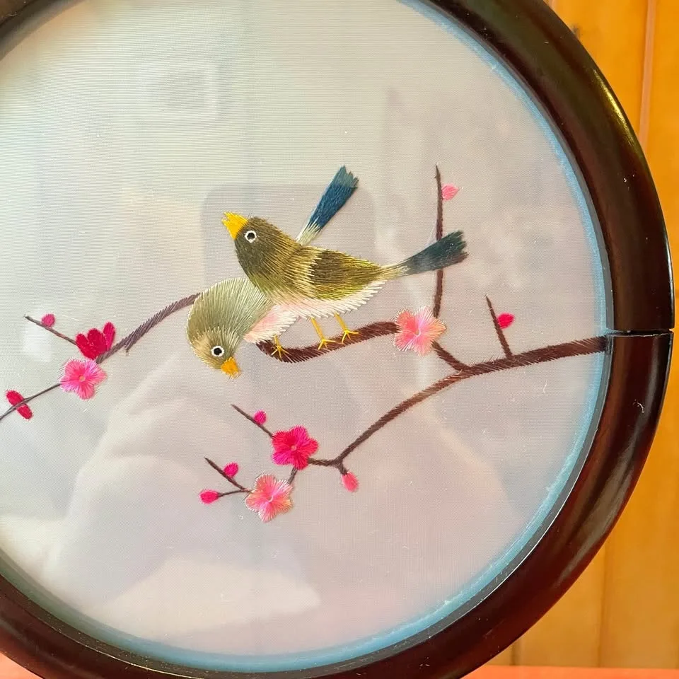 Vintage Oriental Bird Embroidery Art on Stand image indicator(2)