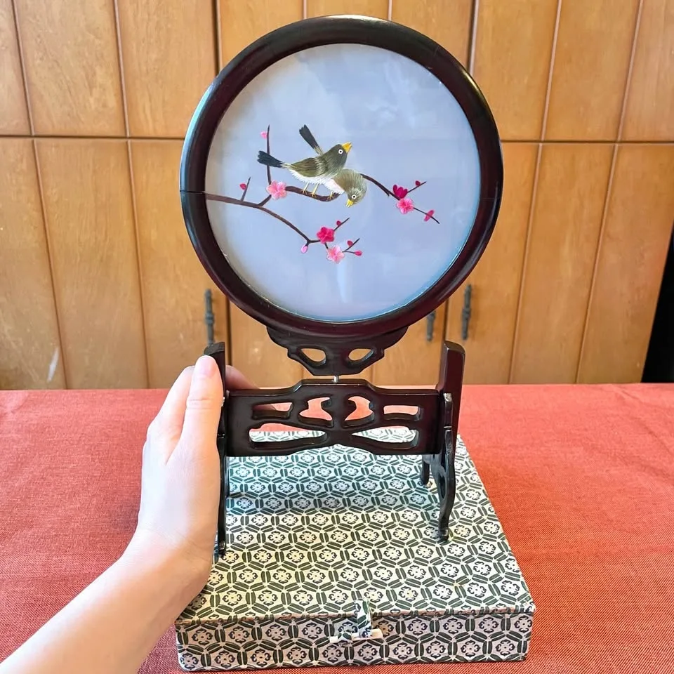 Vintage Oriental Bird Embroidery Art on Stand image indicator(6)