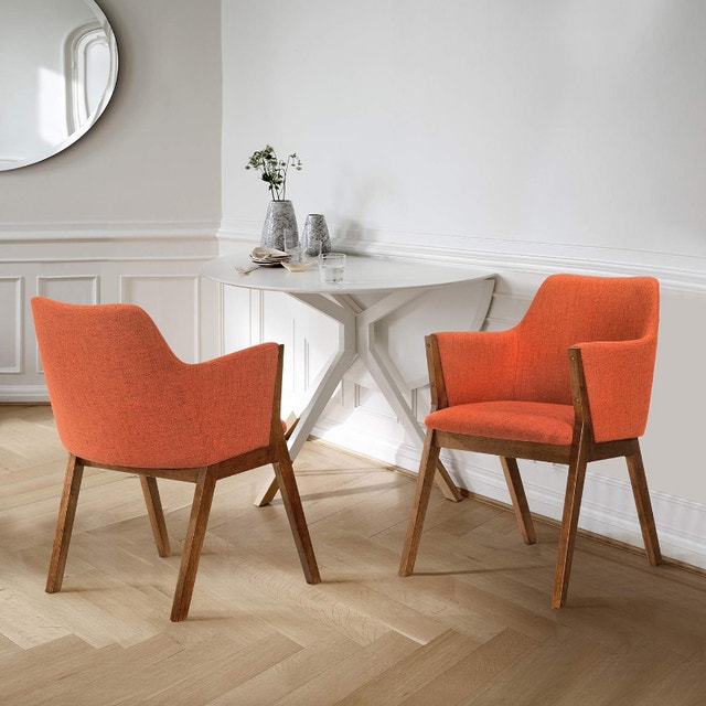 Armen Living Renzo Orange Fabric Walnut Wood Dining Side Chairs