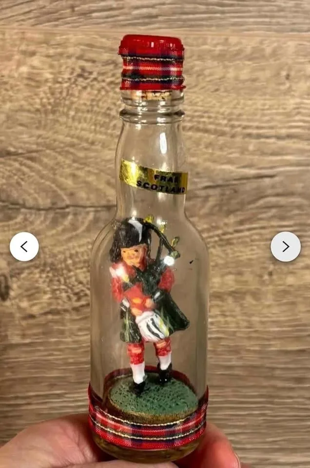 Vintage 1960's Scottish Red Tartan Bagpipper in a glass bottle image indicator(5)