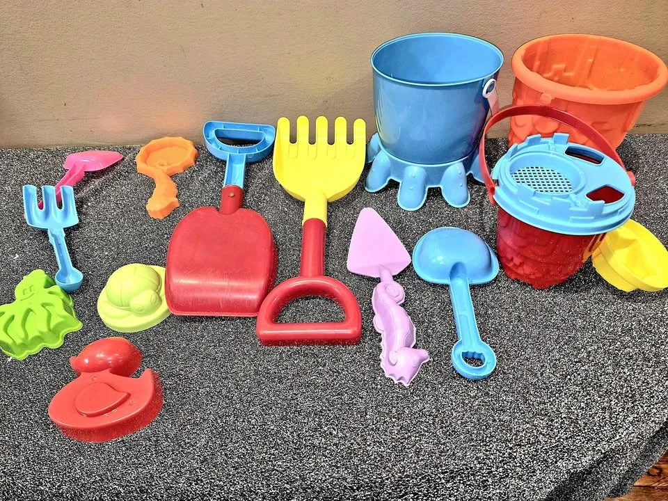 Set of colorful plastic beach sand toys. 15 pcs thumbnail