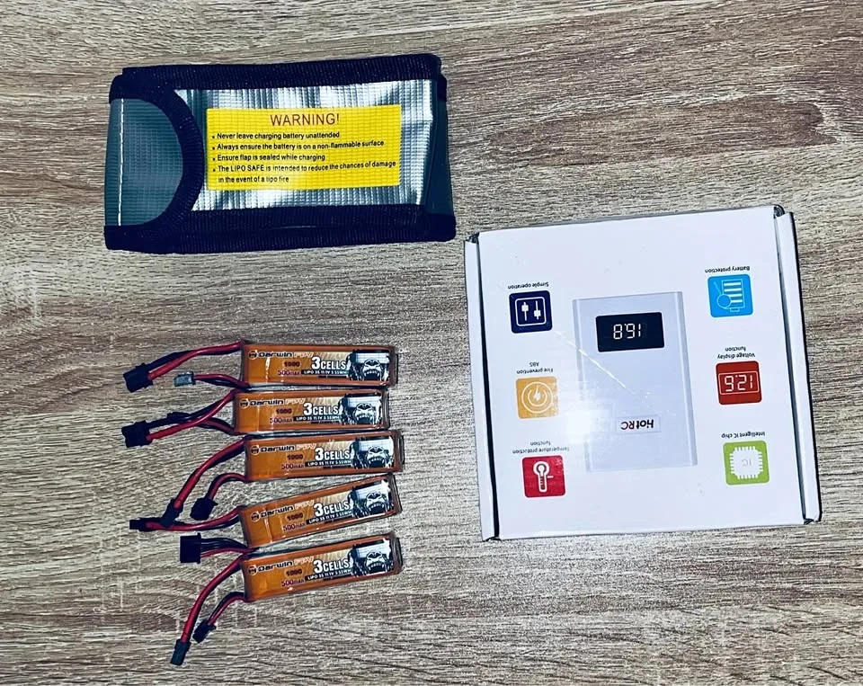 5x DarwinFPV 3S LiPo Batteries + Charger + LiPo Safe Bag - $20