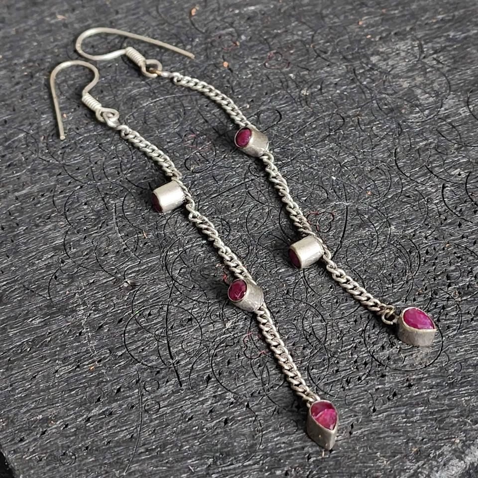 Vintage Antique 925 Sterling Silver Ruby Dangle Earrings