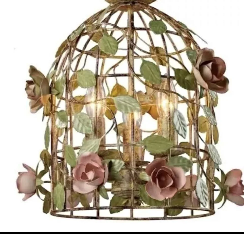 Shabby Chic Bird Cage Caged Chandelier 3 Lights Roses Pink