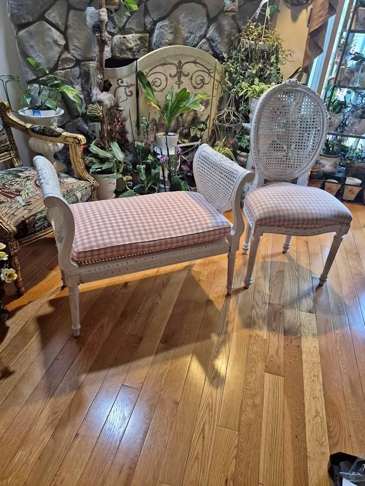 Shabby chic set Bench and Chair Pink white cushion