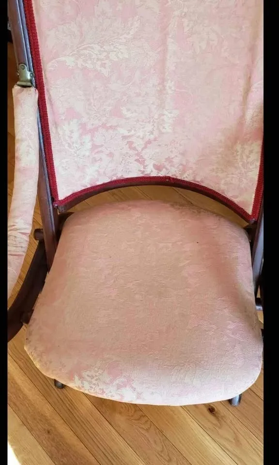 Vintage folding chair wood red upholstery image indicator(3)