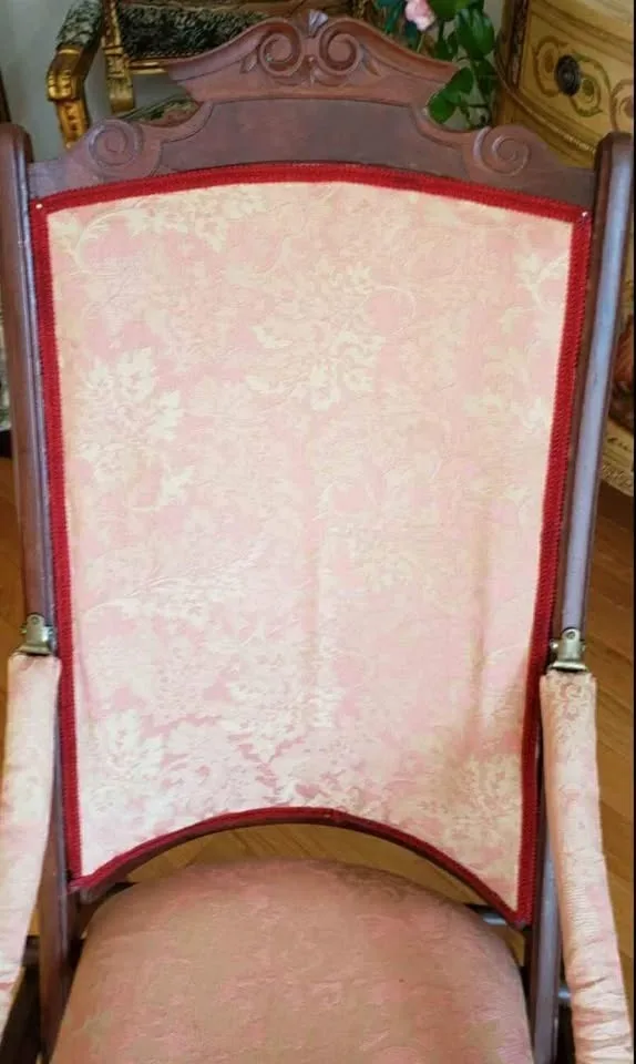 Vintage folding chair wood red upholstery image indicator(4)