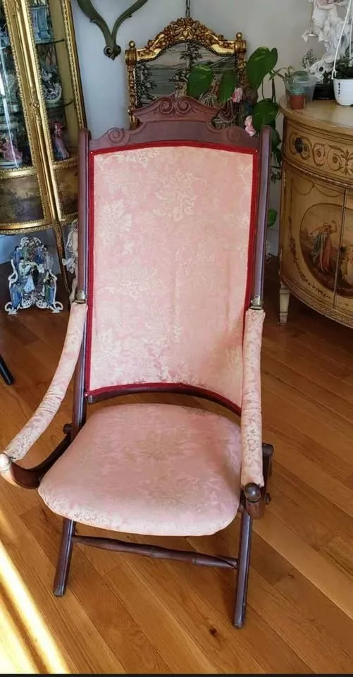 Vintage folding chair wood red upholstery image indicator(5)