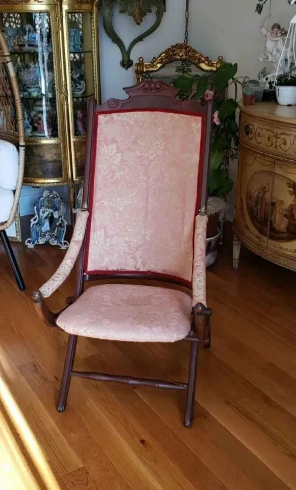 Vintage folding chair wood red upholstery image indicator(8)