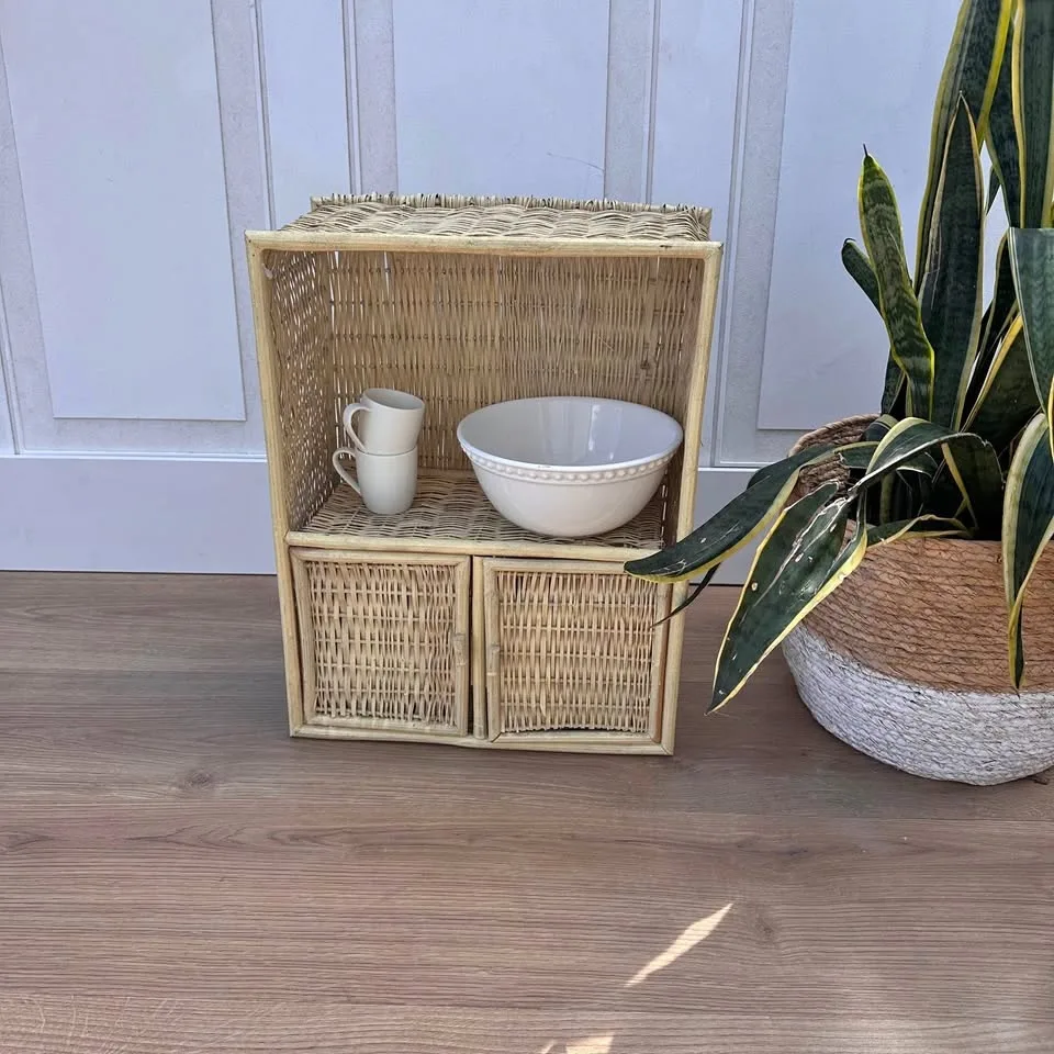 Lightweight Wicker Cabinet with Doors – Boho Cottagecore Shelf