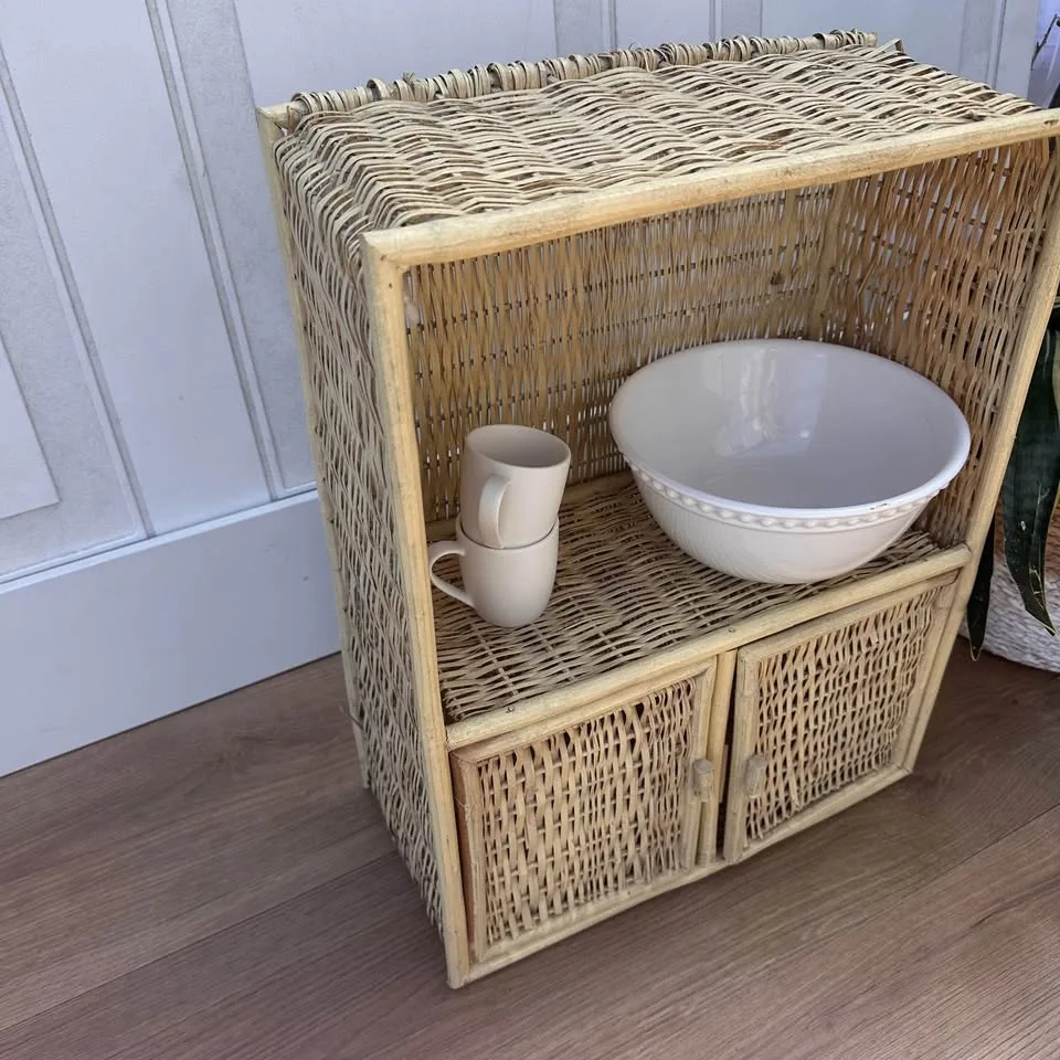 Lightweight Wicker Cabinet with Doors – Boho Cottagecore Shelf image indicator(2)