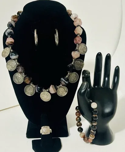 QUARTZ BEADS, BANDED AGATE & COIN NECKLACE, AGATE BRACELET, 925