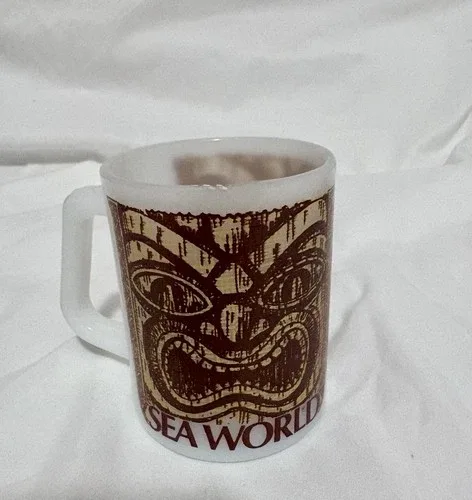 Vintage Sea World Coffee Mug Milk Glass Tiki Made in USA