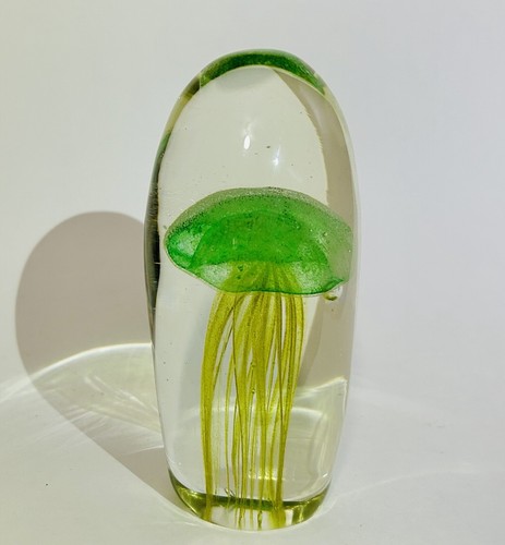 Vintage Glow In The Dark Art Glass Green Jelly Fish Paperweight